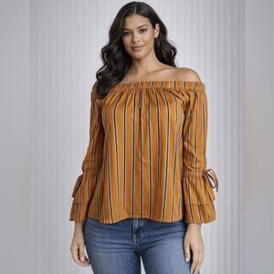 E&M Women's Orange Blue Striped Off Shoulder Bell Sleeve Blouse, Size S